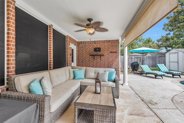 21006 Indigo Field Ln, Richmond, TX 77407 - view of patio / terrace with a shed, a ceiling fan, and an outdoor living space