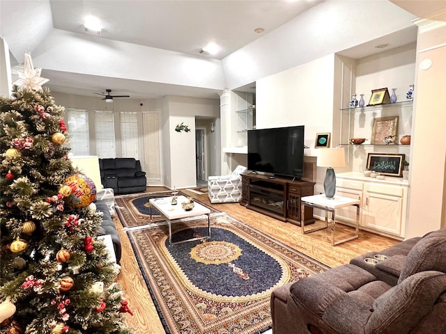 807 Epperson Way Ct, Sugar Land, TX 77479 - living area with wood finished floors, a ceiling fan, ornate columns, and recessed lighting