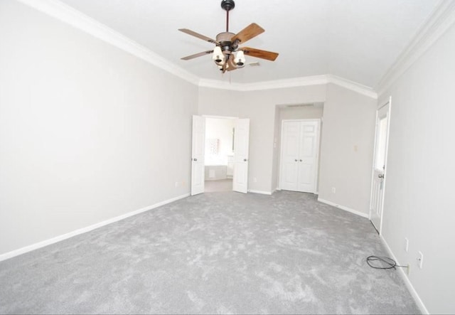 807 Epperson Way Ct, Sugar Land, TX 77479 - unfurnished bedroom featuring ornamental molding, carpet flooring, ceiling fan, and connected bathroom