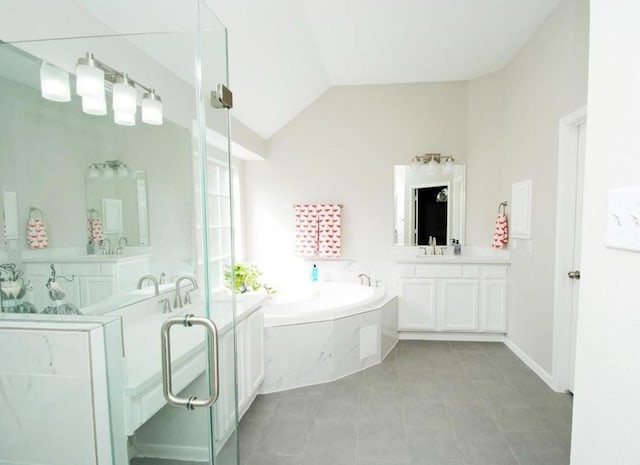 807 Epperson Way Ct, Sugar Land, TX 77479 - full bath featuring a garden tub, vanity, tile patterned flooring, and lofted ceiling