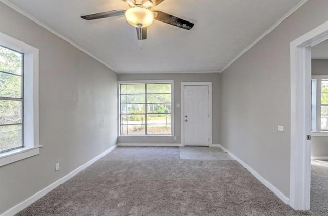 1506 Clay St, Brenham, TX 77833 - entrance foyer with carpet, ceiling fan, and crown molding