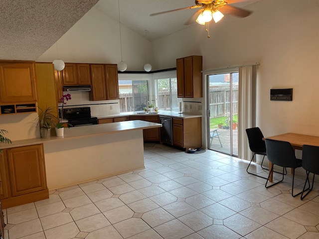 3202 The Highlands Dr, Sugar Land, TX 77478 - kitchen with black range with electric cooktop, dishwashing machine, high vaulted ceiling, light countertops, and a peninsula