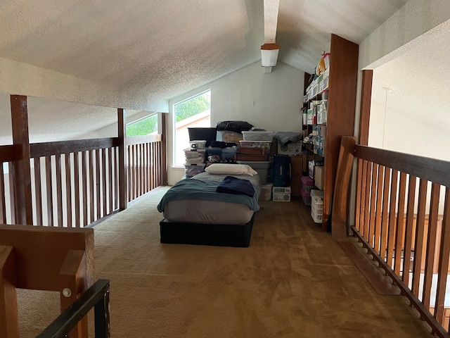 3202 The Highlands Dr, Sugar Land, TX 77478 - bedroom featuring carpet, lofted ceiling, and a textured ceiling