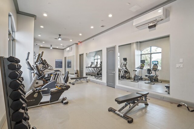 19019 Dappled Mare Cir, Tomball, TX 77377 - workout area with a wall mounted air conditioner, a ceiling fan, and recessed lighting