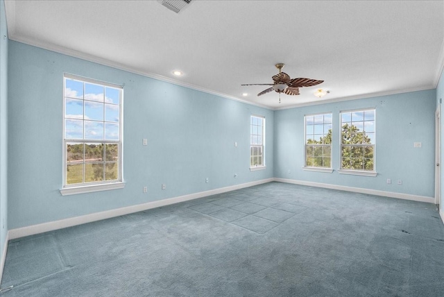 2250 Broadway St, San Leon, TX 77539 - carpeted spare room with ornamental molding, a ceiling fan, and recessed lighting