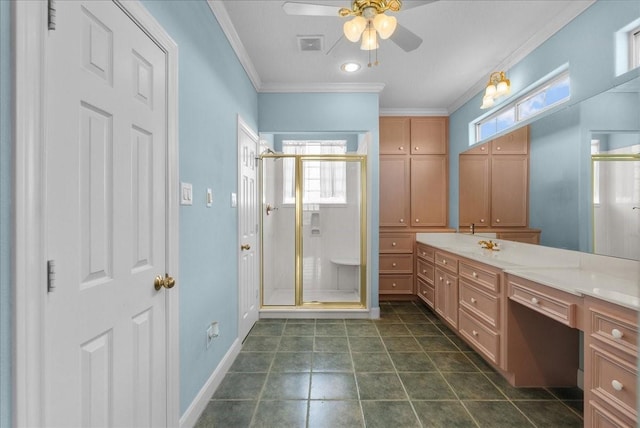 2250 Broadway St, San Leon, TX 77539 - bathroom with a shower stall, ceiling fan, ornamental molding, plenty of natural light, and vanity