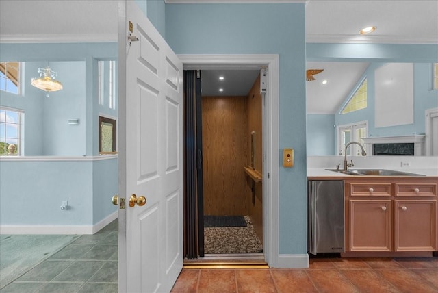 2250 Broadway St, San Leon, TX 77539 - bathroom featuring healthy amount of natural light, vanity, crown molding, walk in shower, and vaulted ceiling