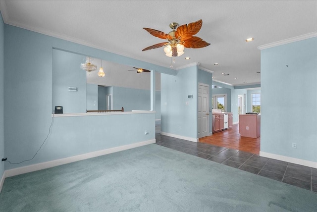 2250 Broadway St, San Leon, TX 77539 - unfurnished living room with crown molding, tile patterned floors, a ceiling fan, recessed lighting, and carpet flooring