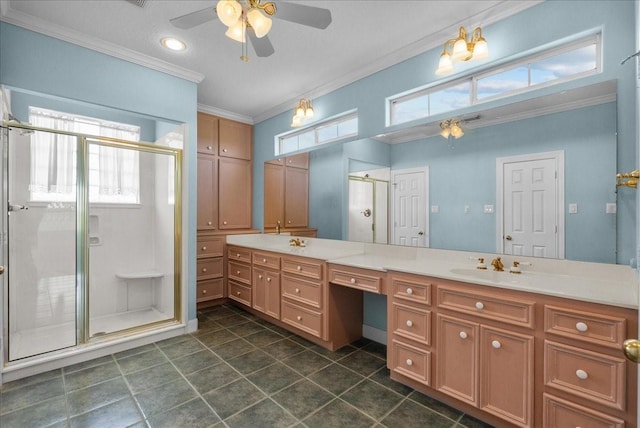 2250 Broadway St, San Leon, TX 77539 - bathroom featuring a ceiling fan, crown molding, double vanity, a stall shower, and tile patterned floors