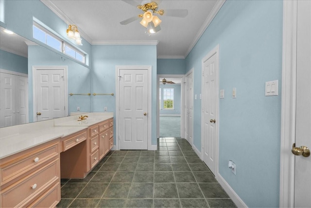 2250 Broadway St, San Leon, TX 77539 - bathroom featuring crown molding, a ceiling fan, vanity, and plenty of natural light