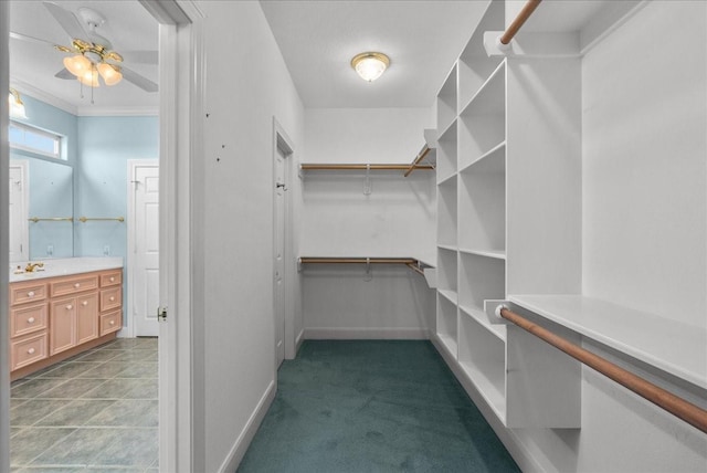 2250 Broadway St, San Leon, TX 77539 - spacious closet with a ceiling fan and dark carpet