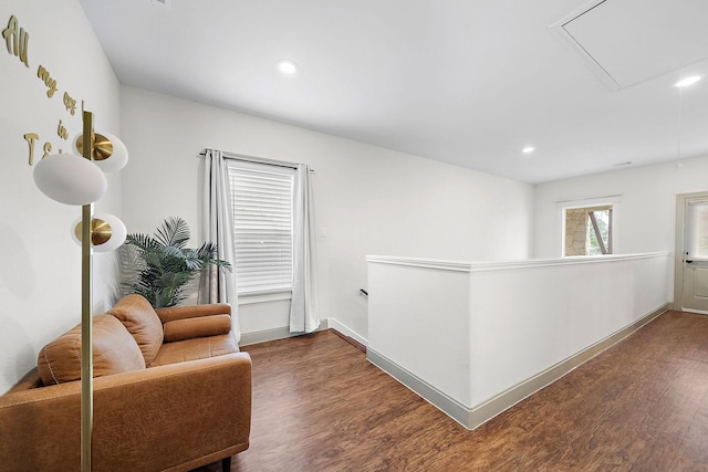 4209 Gunter St, Houston, TX 77020 - living area with attic access, dark wood-style floors, and recessed lighting