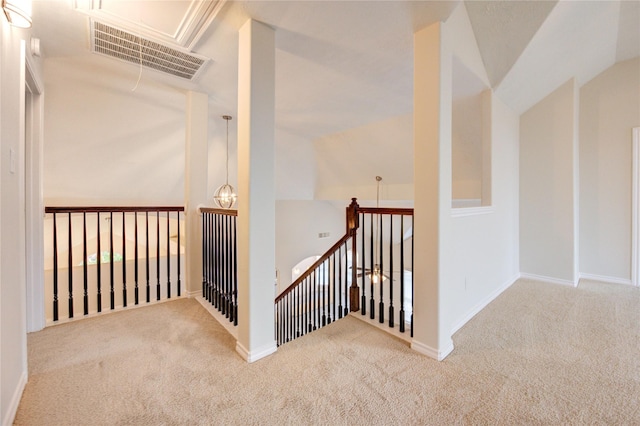 22934 Cove Timbers Ct, Tomball, TX 77375 - corridor with carpet flooring, lofted ceiling, and an upstairs landing
