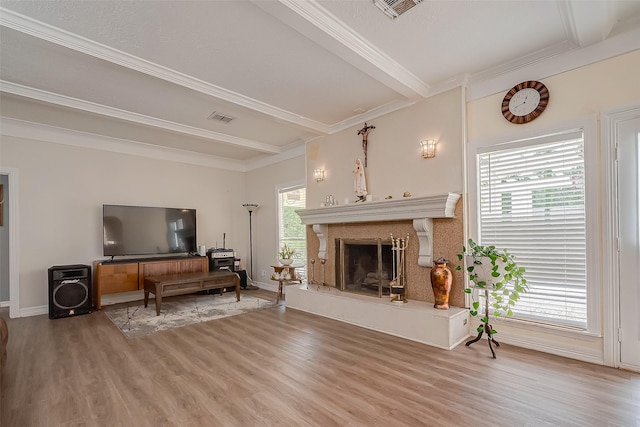 1407 Ella Cir, Houston, TX 77090 - living room featuring wood finished floors, crown molding, and a premium fireplace