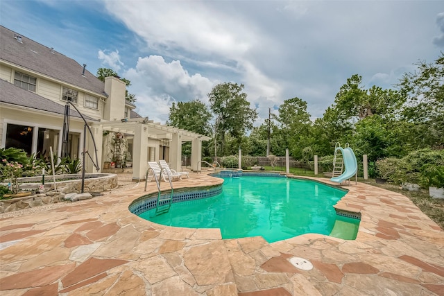 1407 Ella Cir, Houston, TX 77090 - view of swimming pool featuring a patio area, a pergola, and a water slide