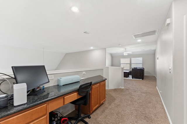 13815 Lake Livingston Dr, Houston, TX 77044 - office space featuring light carpet, a ceiling fan, recessed lighting, and built in study area