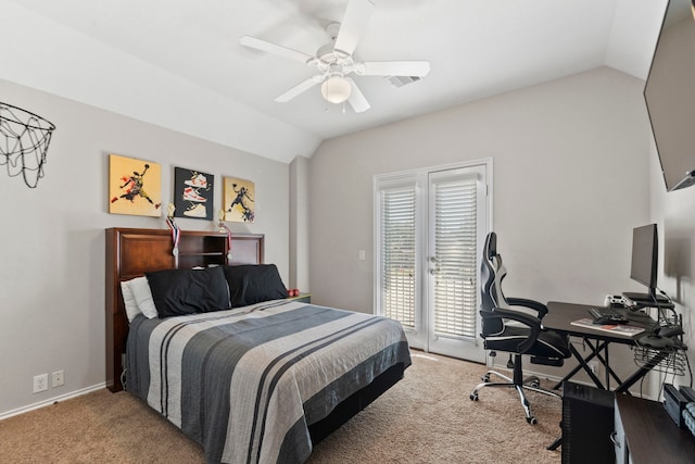 13815 Lake Livingston Dr, Houston, TX 77044 - carpeted bedroom with lofted ceiling, access to exterior, a desk, and ceiling fan