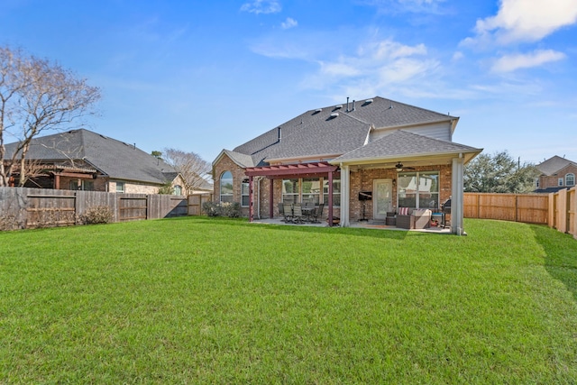 13815 Lake Livingston Dr, Houston, TX 77044 - back of house with roof with shingles, a pergola, ceiling fan, and a fenced backyard