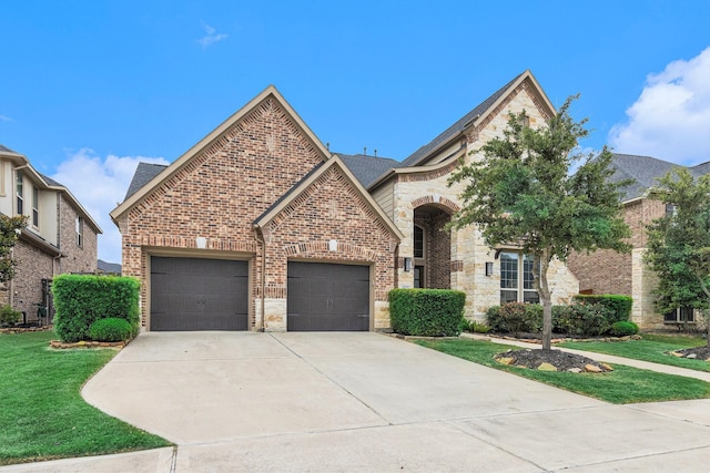 28622 Mountain Timber Ct, Fulshear, TX 77441 - view of front of property with brick siding, a garage, a front lawn, stone siding, and concrete driveway