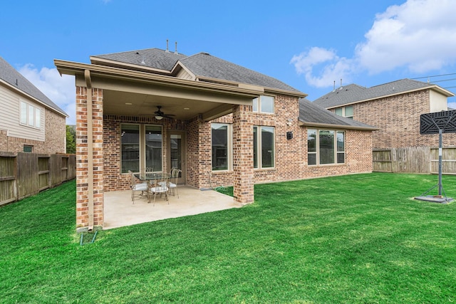 28622 Mountain Timber Ct, Fulshear, TX 77441 - back of house with ceiling fan, brick siding, a fenced backyard, a patio, and a shingled roof
