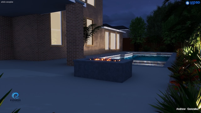 28622 Mountain Timber Ct, Fulshear, TX 77441 - pool at night featuring a jacuzzi, a patio area, and an outdoor fire pit