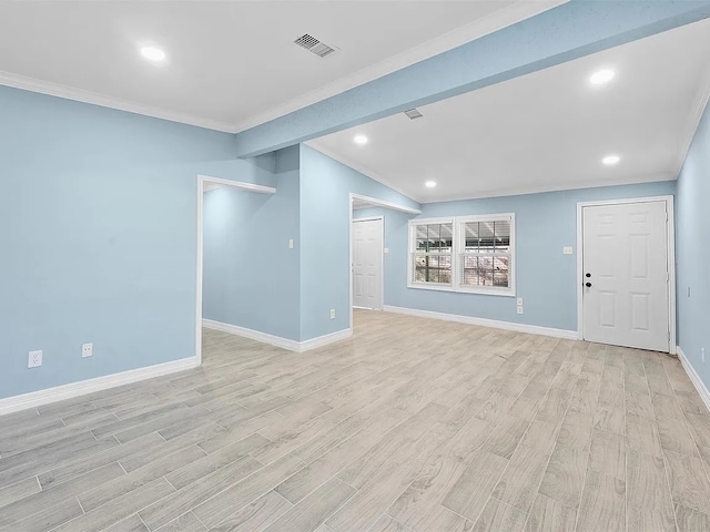 4418 Dacca Dr, Houston, TX 77047 - unfurnished living room with crown molding, light wood-style floors, recessed lighting, and lofted ceiling