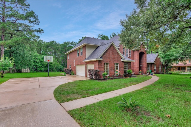 14419 Timbergreen Dr, Magnolia, TX 77355 - view of front facade with a garage, brick siding, concrete driveway, a front lawn, and a shingled roof