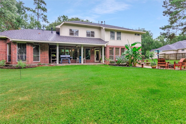 14419 Timbergreen Dr, Magnolia, TX 77355 - rear view of house with brick siding, a patio, a ceiling fan, and a shingled roof