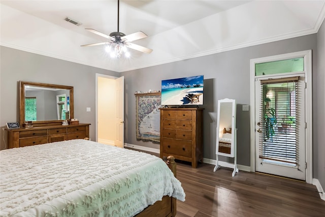 14419 Timbergreen Dr, Magnolia, TX 77355 - bedroom featuring dark wood-type flooring, crown molding, access to outside, and a ceiling fan