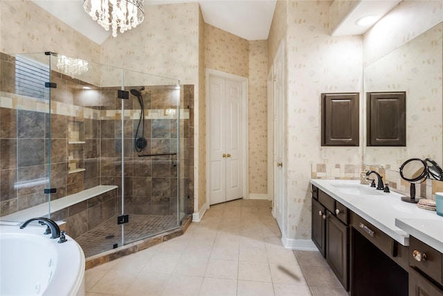 14419 Timbergreen Dr, Magnolia, TX 77355 - bathroom featuring vanity, a garden tub, a stall shower, wallpapered walls, and tile patterned flooring