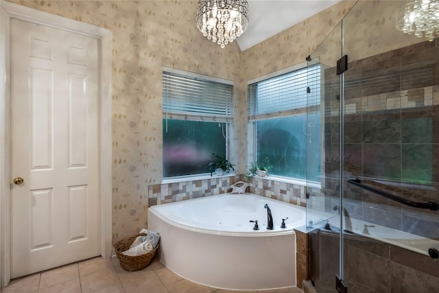 14419 Timbergreen Dr, Magnolia, TX 77355 - bathroom featuring a bath, tile patterned floors, a shower stall, wallpapered walls, and a chandelier