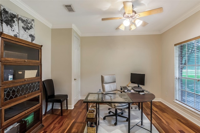 14419 Timbergreen Dr, Magnolia, TX 77355 - office space featuring dark wood-type flooring, crown molding, and ceiling fan