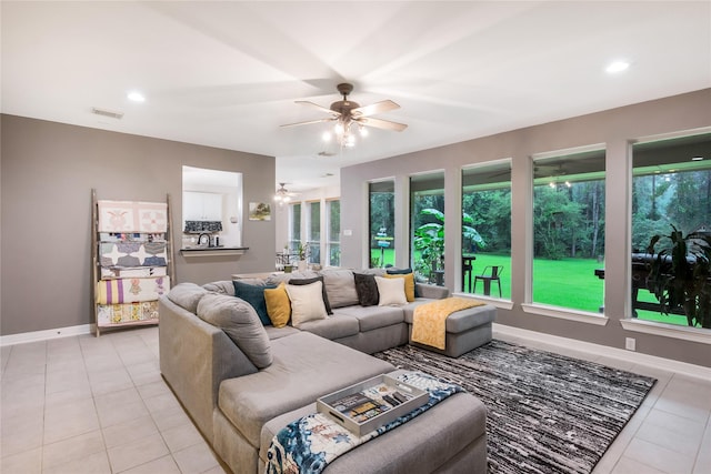 14419 Timbergreen Dr, Magnolia, TX 77355 - living room with ceiling fan, light tile patterned floors, plenty of natural light, and recessed lighting