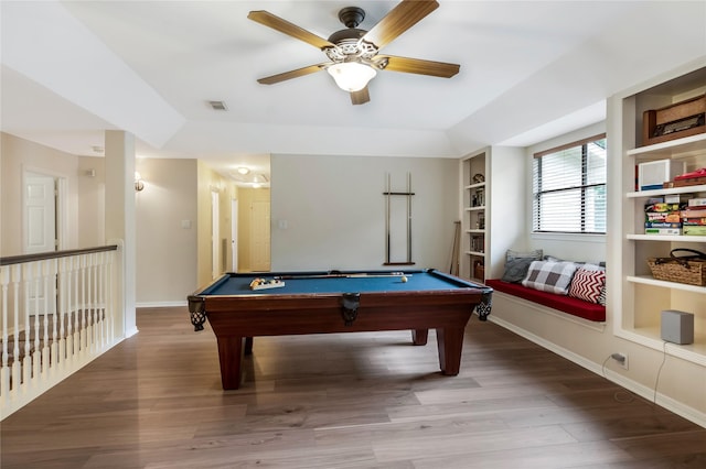 14419 Timbergreen Dr, Magnolia, TX 77355 - game room featuring billiards table, wood finished floors, ceiling fan, and built in shelves