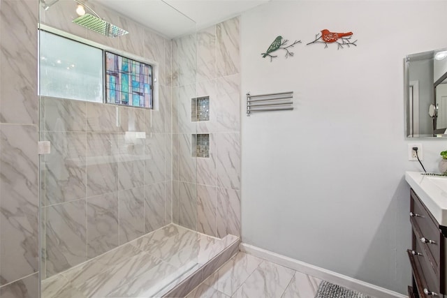 5210 Creek Shadows Dr, Houston, TX 77339 - full bathroom with vanity, tiled shower, and marble look tiles