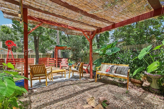 5210 Creek Shadows Dr, Houston, TX 77339 - fenced backyard featuring an outdoor living space, a patio area, and a pergola