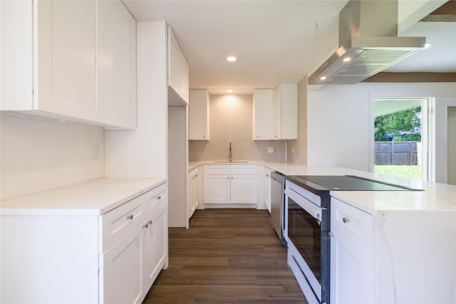 10602 Tenneta Dr, Houston, TX 77099 - kitchen with extractor fan, electric range, a peninsula, dark wood-style floors, and white cabinets