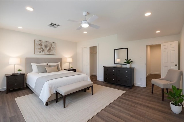 10602 Tenneta Dr, Houston, TX 77099 - bedroom featuring dark wood-type flooring, recessed lighting, a closet, and ceiling fan