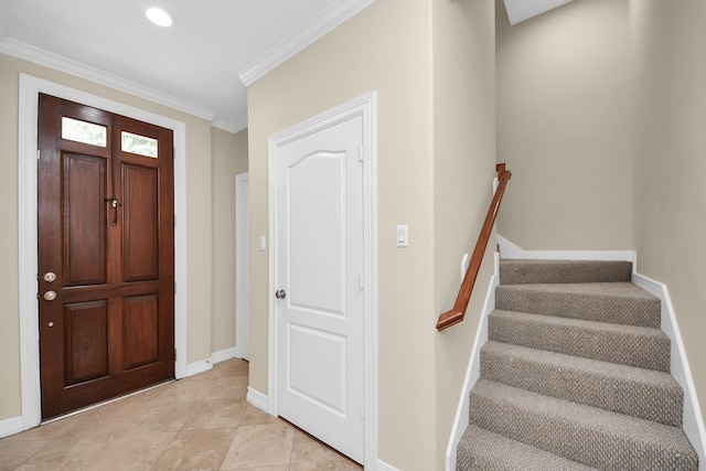 2930 Brompton Square Dr, Houston, TX 77025 - entryway featuring ornamental molding, stairway, and recessed lighting