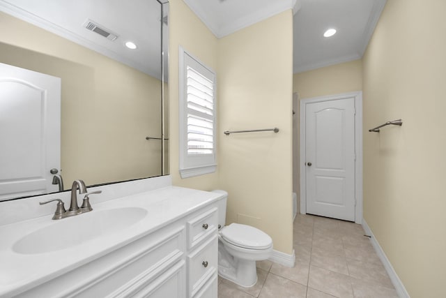 2930 Brompton Square Dr, Houston, TX 77025 - bathroom with vanity, tile patterned floors, ornamental molding, and recessed lighting