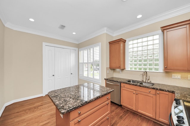 2930 Brompton Square Dr, Houston, TX 77025 - kitchen featuring dishwasher, stove, light wood-style flooring, dark stone counters, and ornamental molding