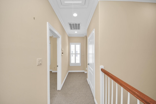 2930 Brompton Square Dr, Houston, TX 77025 - hallway featuring attic access, light carpet, and ornamental molding