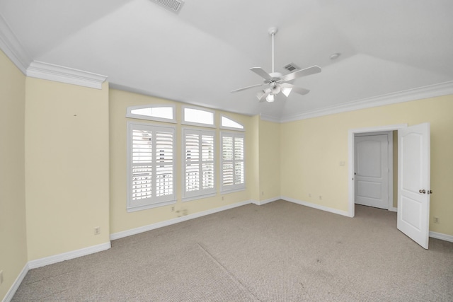 2930 Brompton Square Dr, Houston, TX 77025 - spare room featuring ceiling fan, carpet floors, vaulted ceiling, and ornamental molding