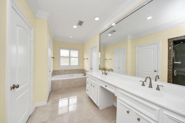 2930 Brompton Square Dr, Houston, TX 77025 - bathroom featuring crown molding, a bath, double vanity, recessed lighting, and a stall shower