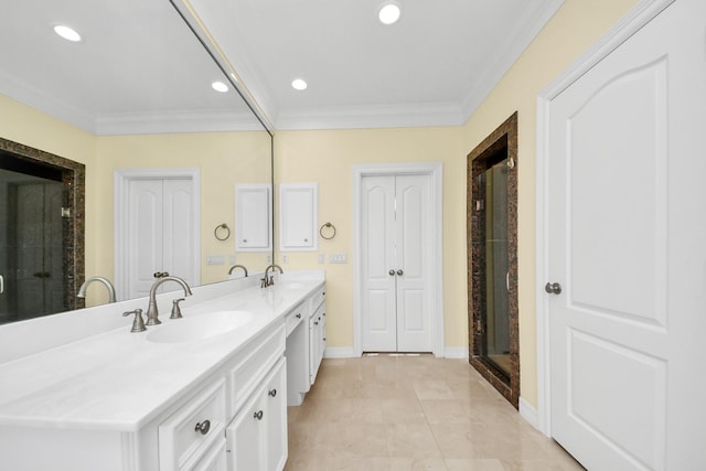 2930 Brompton Square Dr, Houston, TX 77025 - bathroom with double vanity, a stall shower, crown molding, and recessed lighting