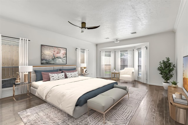 12102 Moorcreek Dr, Houston, TX 77070 - bedroom featuring wood-type flooring, ceiling fan, ornamental molding, and a textured ceiling