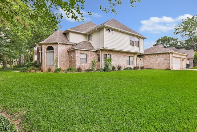 12102 Moorcreek Dr, Houston, TX 77070 - view of front of property featuring brick siding, a front lawn, an attached garage, and roof with shingles