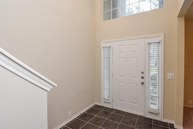 2814 Edgewick Elm St, Fresno, TX 77545 - entrance foyer featuring dark tile patterned flooring and a towering ceiling