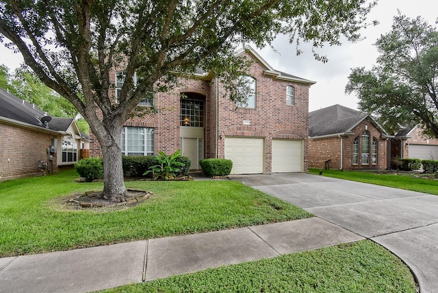 2814 Edgewick Elm St, Fresno, TX 77545 - traditional home featuring brick siding, a garage, concrete driveway, and a front lawn