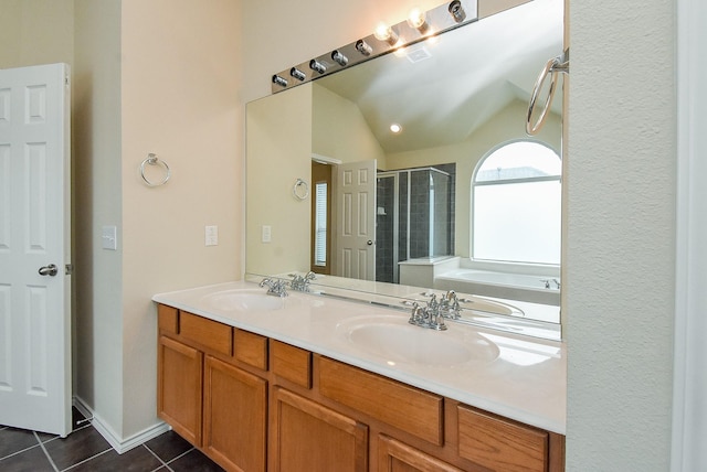 2814 Edgewick Elm St, Fresno, TX 77545 - full bath featuring a shower stall, tile patterned flooring, double vanity, a garden tub, and vaulted ceiling